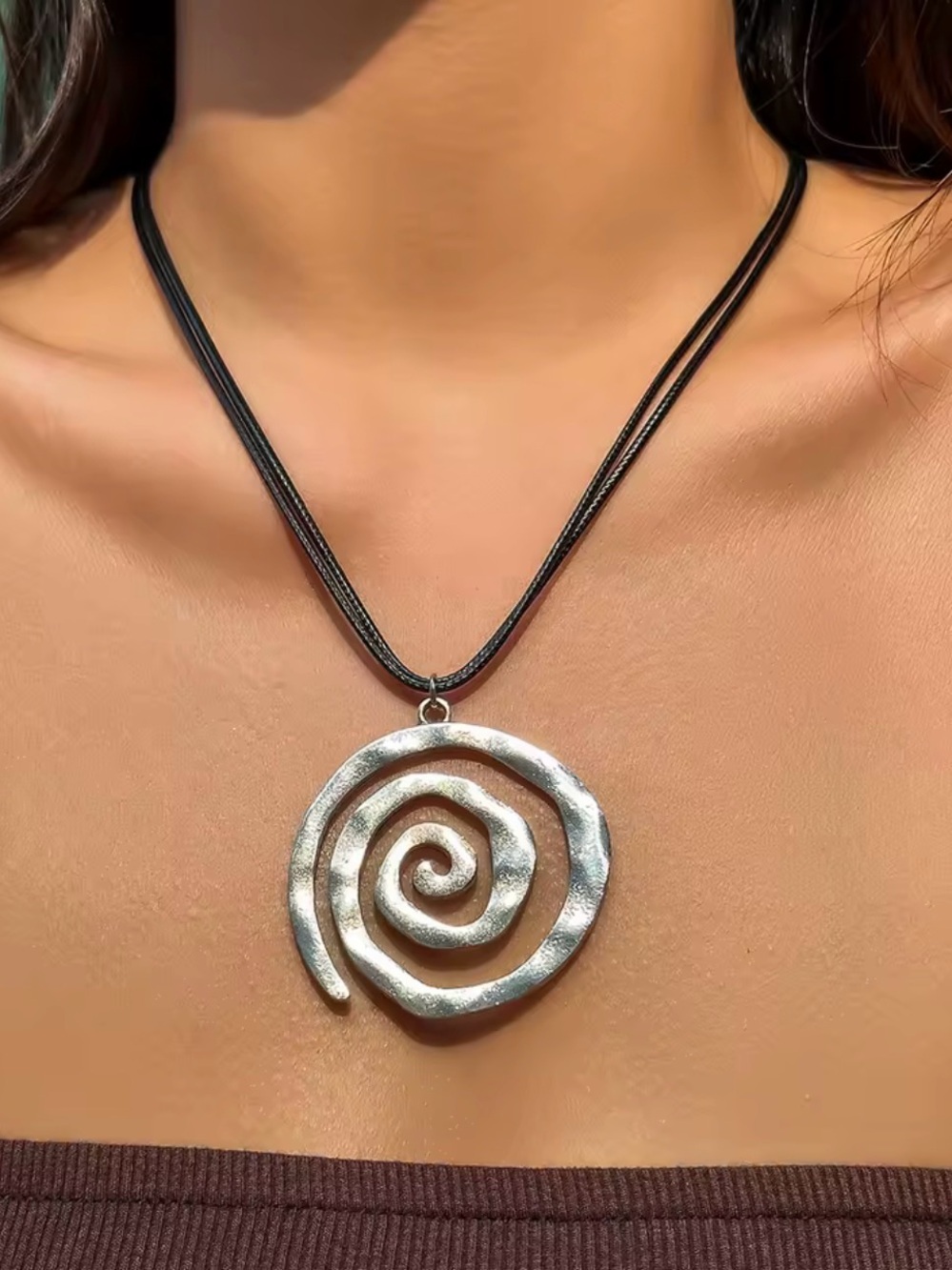 Boho Statement Spiral Pendant Necklace Sculptural Silver Tone Cord Choker black
